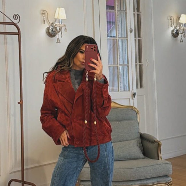 Women cropped suede leather jacket with high collar and double-breasted button placket Chichicherry - Chichicherry