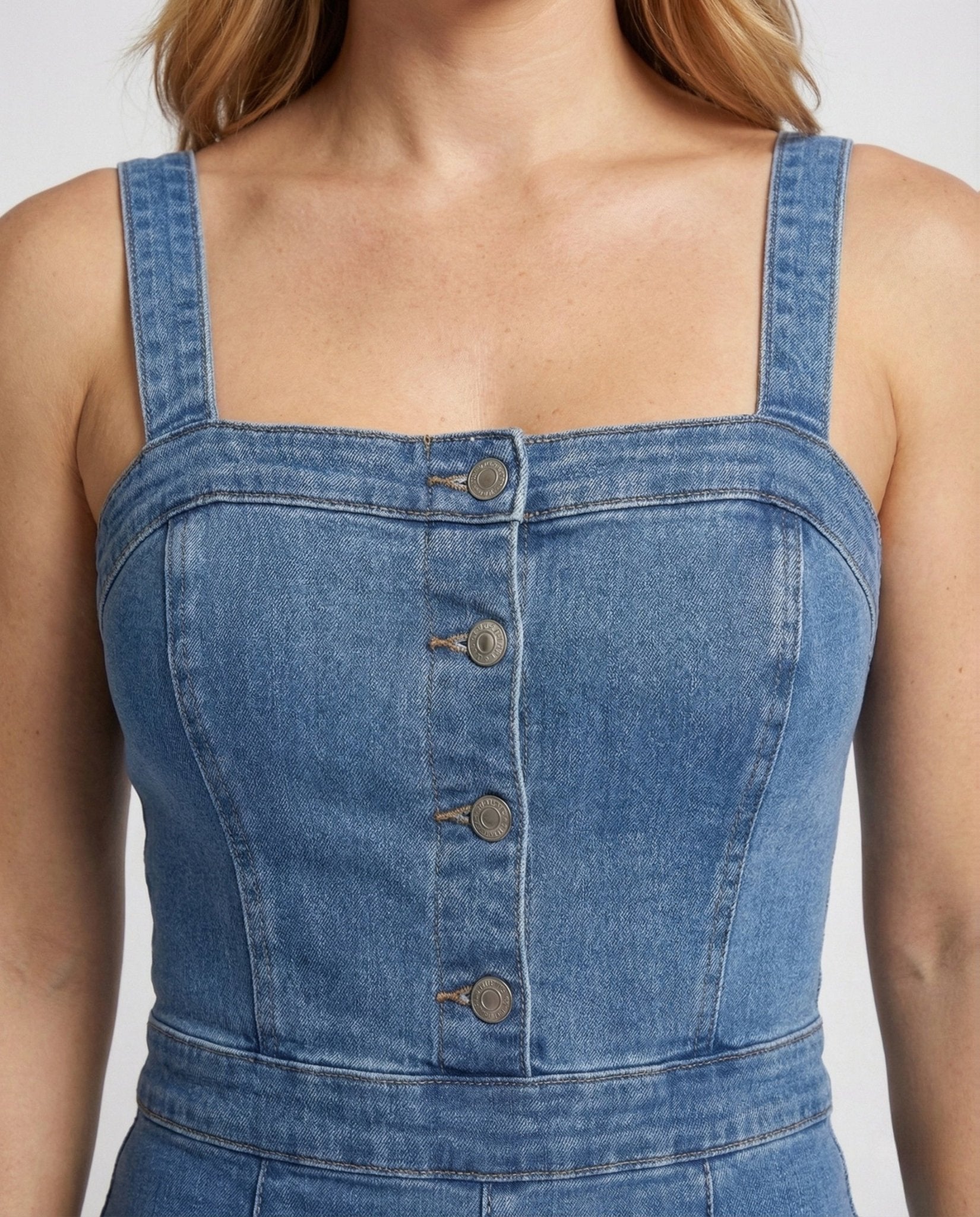 Women Denim Jumpsuit Corset Snap Button - Chichicherry