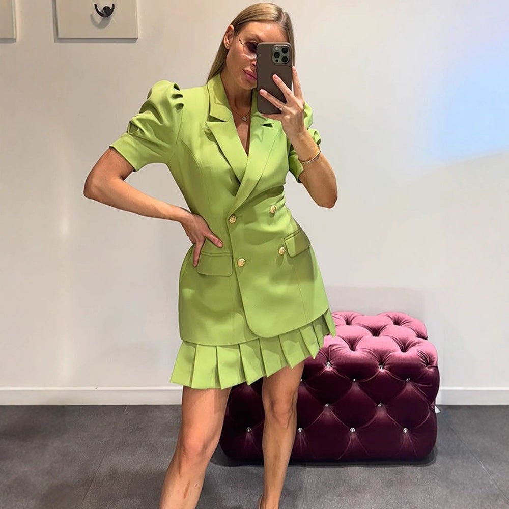Women Double-Breasted Blazer Dress with Puff Sleeves and Pleated Hem Chichicherry - Chichicherry