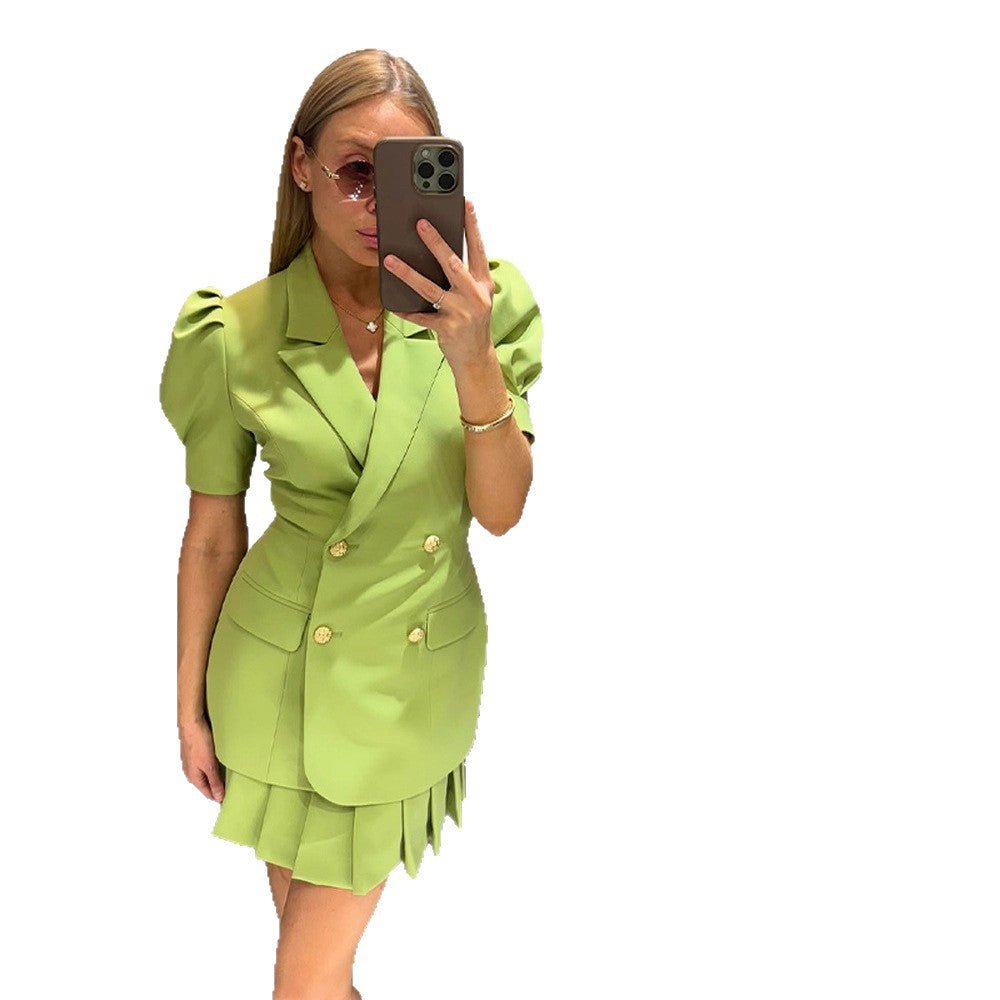 Women Double-Breasted Blazer Dress with Puff Sleeves and Pleated Hem Chichicherry - Chichicherry