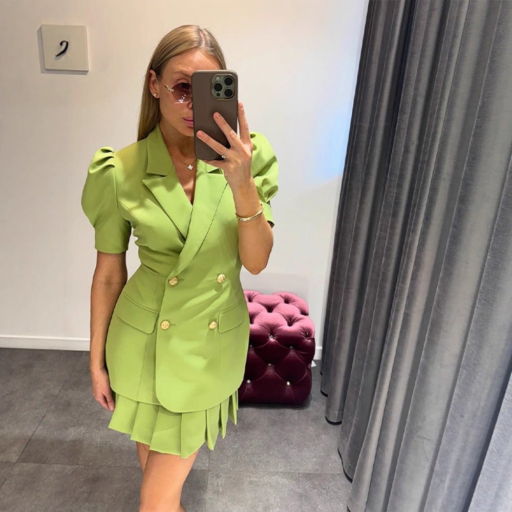 Women Double-Breasted Blazer Dress with Puff Sleeves and Pleated Hem Chichicherry - Chichicherry