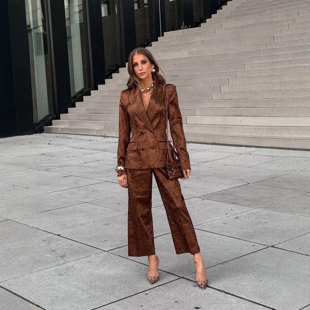 Women Double-Breasted Velvet Blazer and Cropped Pants Co-Ord Set Chichicherry - Chichicherry