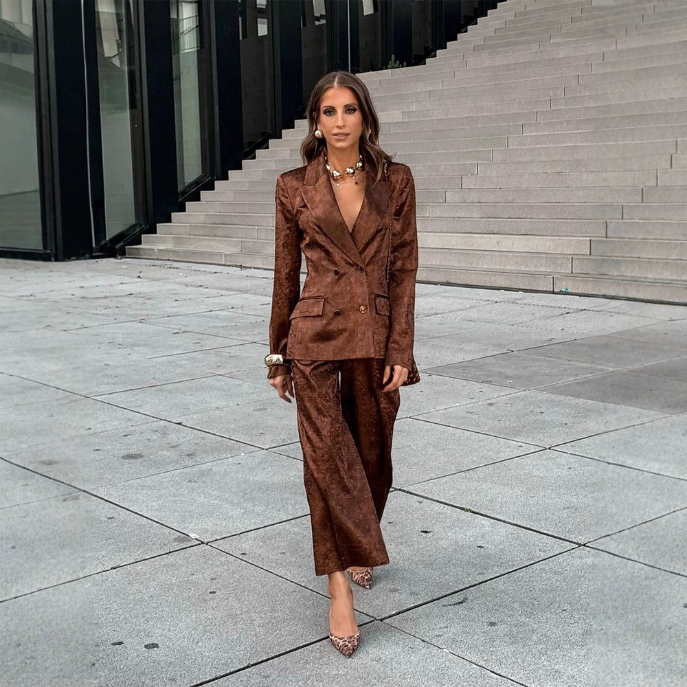 Women Double-Breasted Velvet Blazer and Cropped Pants Co-Ord Set Chichicherry - Chichicherry
