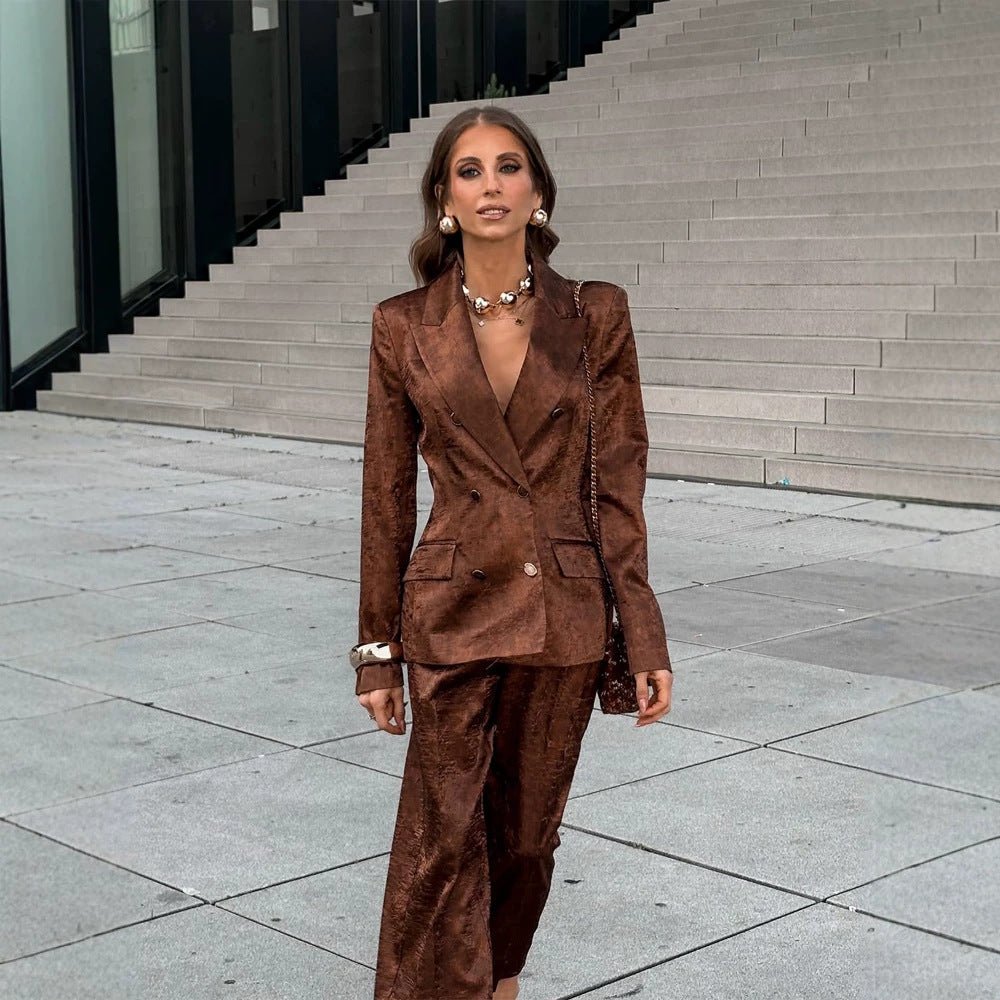 Women Double-Breasted Velvet Blazer and Cropped Pants Co-Ord Set Chichicherry - Chichicherry