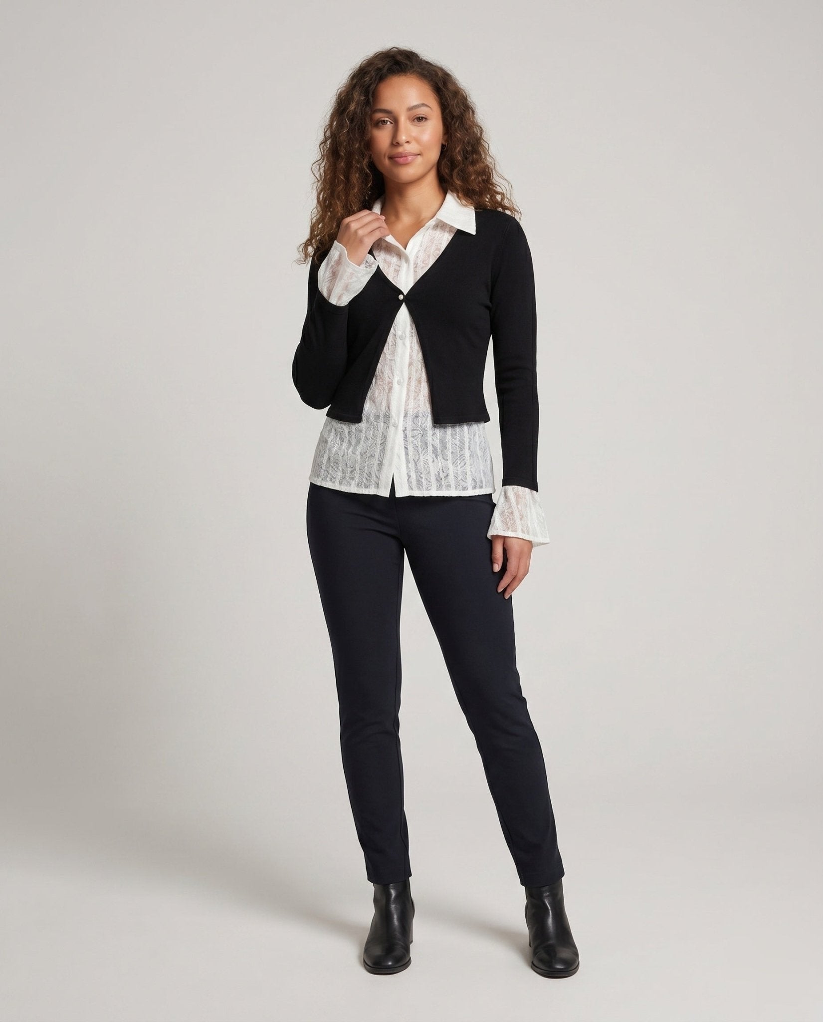 Women Elegant Cardigan Top with Decorative Ruffles and Fine Lace - Chichicherry