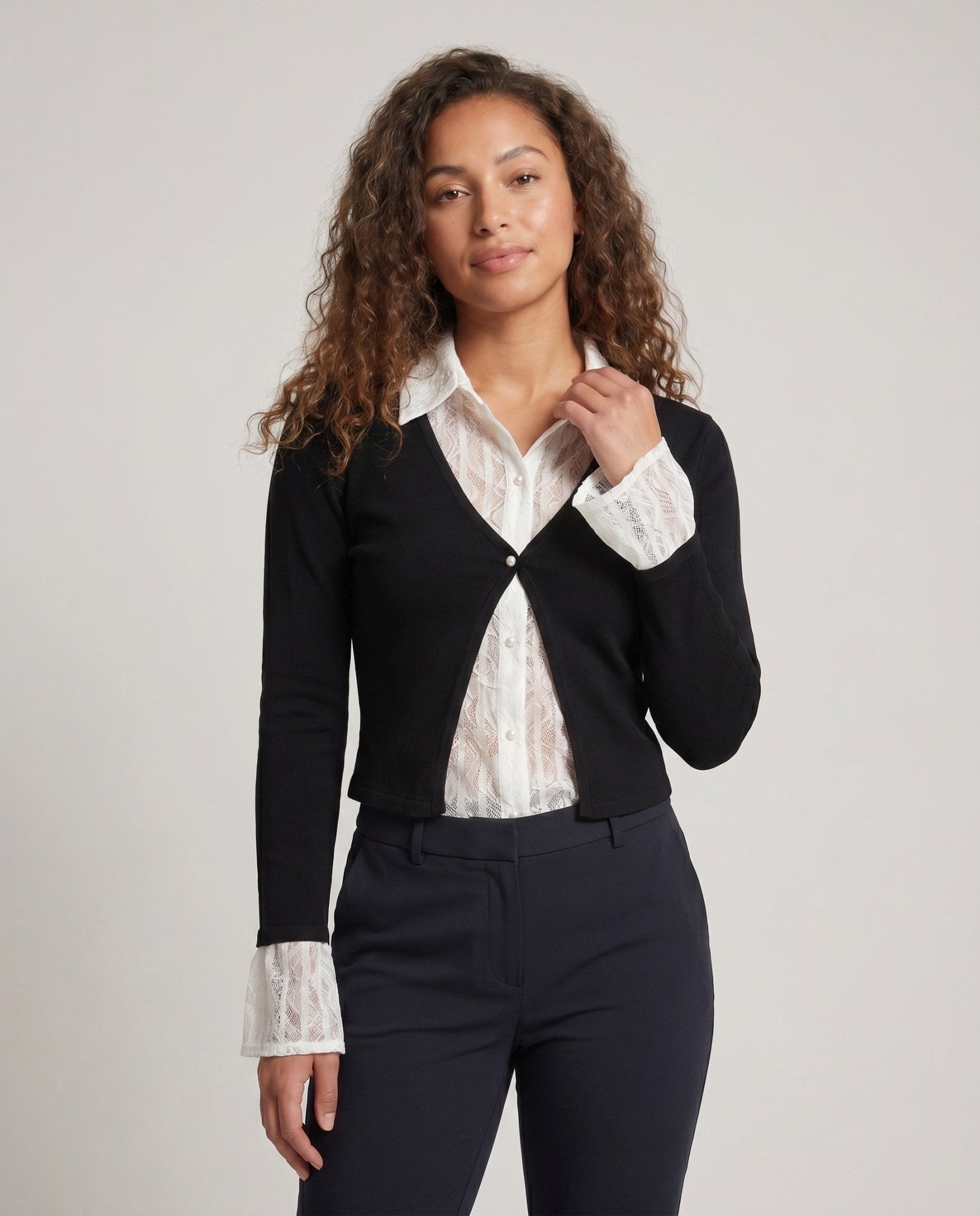 Women Elegant Cardigan Top with Decorative Ruffles and Fine Lace - Chichicherry