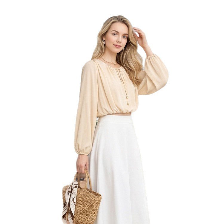 Women Elegant Chiffon Blouse with Drawstring Hem, Balloon Sleeves & Pearl Button Detail Chichicherry - Chichicherry