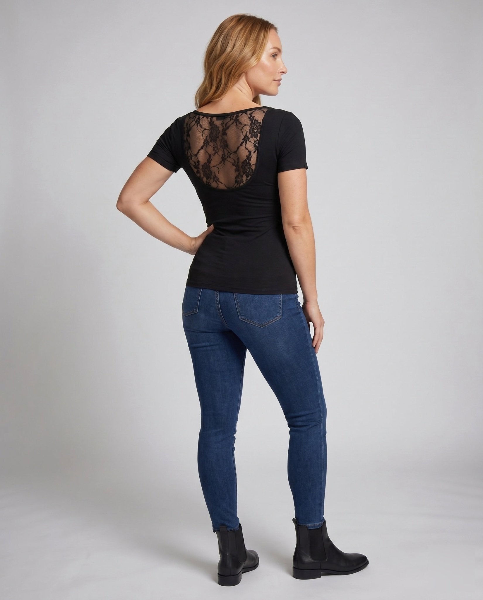 Women Elegant Short Sleeve Shirt with Lace Back - Chichicherry