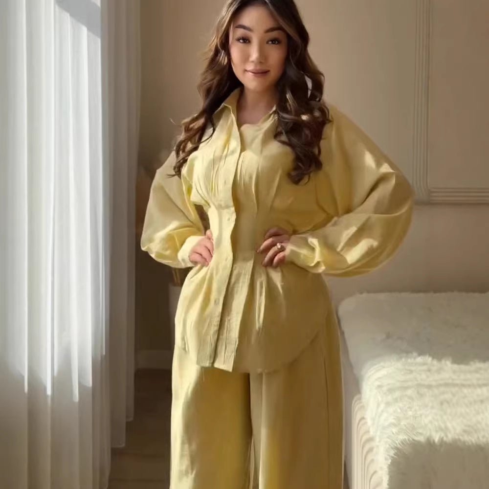 Women Elegant Two-Piece Satin Loungewear Set with Fitted Blouse and Wide Leg Pants Chichicherry - Chichicherry