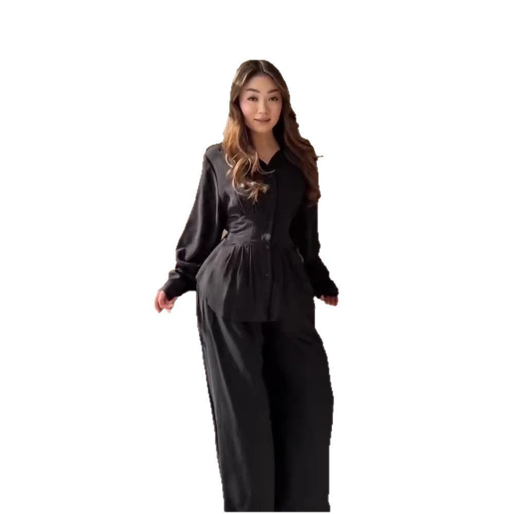 Women Elegant Two-Piece Satin Loungewear Set with Fitted Blouse and Wide Leg Pants Chichicherry - Chichicherry