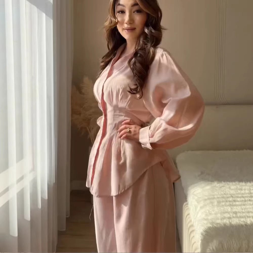 Women Elegant Two-Piece Satin Loungewear Set with Fitted Blouse and Wide Leg Pants Chichicherry - Chichicherry
