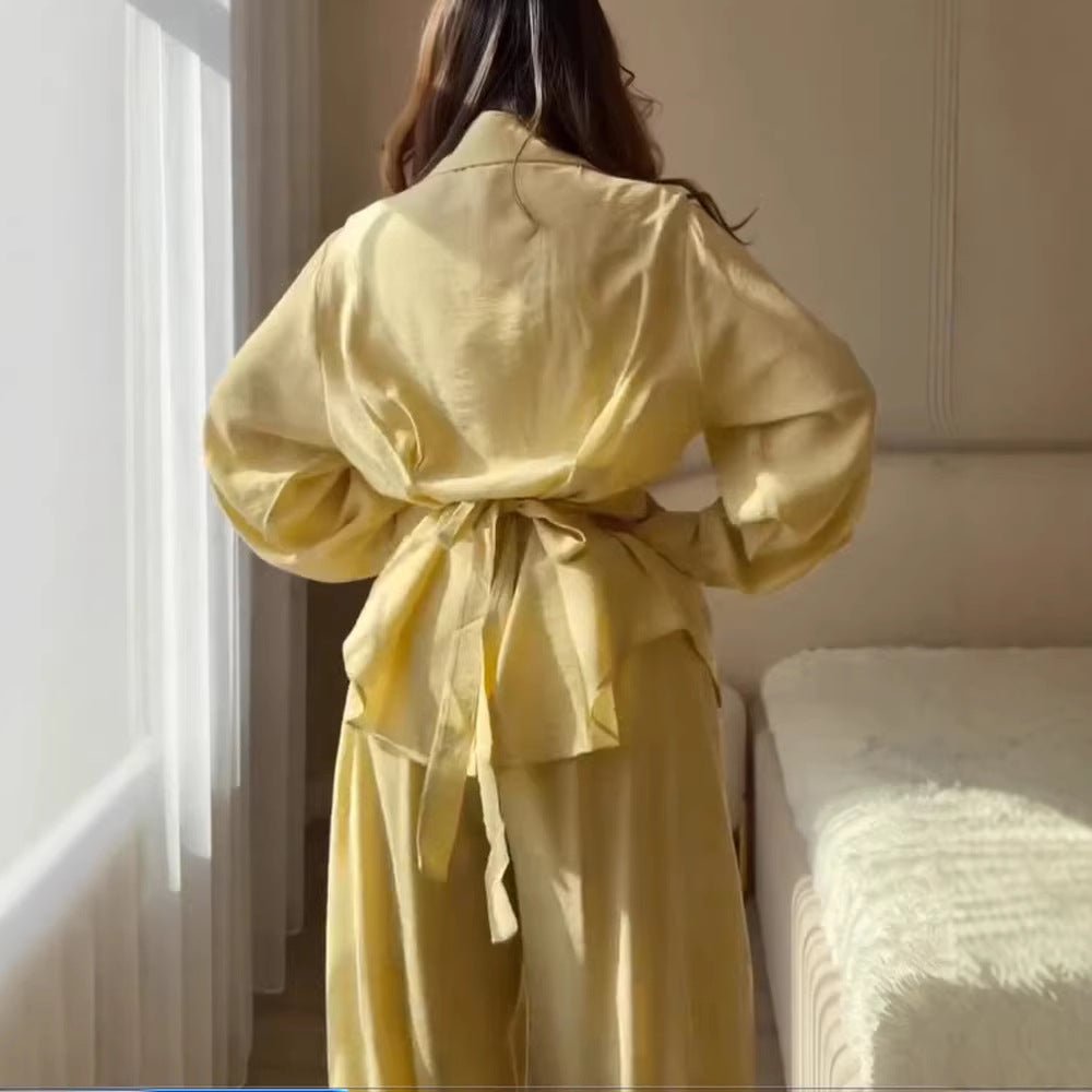 Women Elegant Two-Piece Satin Loungewear Set with Fitted Blouse and Wide Leg Pants Chichicherry - Chichicherry