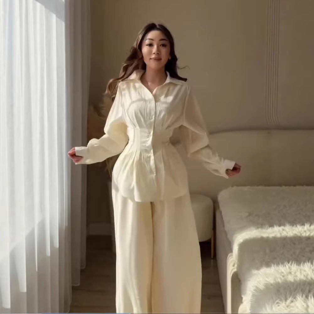 Women Elegant Two-Piece Satin Loungewear Set with Fitted Blouse and Wide Leg Pants Chichicherry - Chichicherry