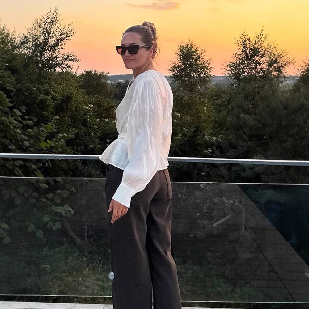 Women Elegant Wrap Blouse with Tie Belt and Voluminous Balloon Sleeves Chichicherry - Chichicherry