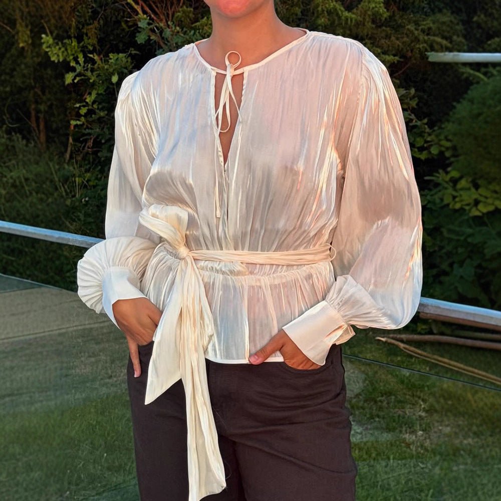 Women Elegant Wrap Blouse with Tie Belt and Voluminous Balloon Sleeves Chichicherry - Chichicherry