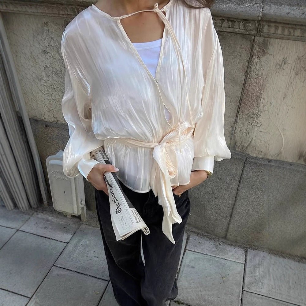 Women Elegant Wrap Blouse with Tie Belt and Voluminous Balloon Sleeves Chichicherry - Chichicherry