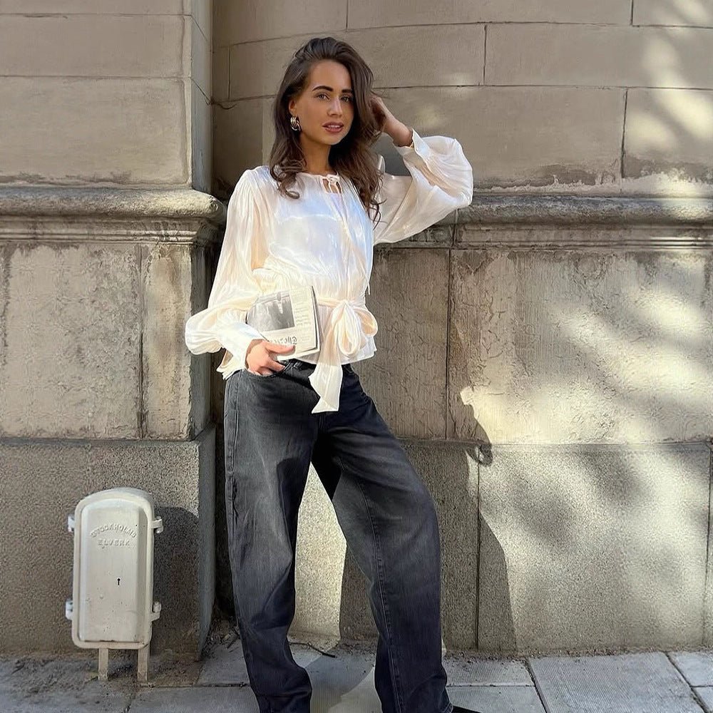 Women Elegant Wrap Blouse with Tie Belt and Voluminous Balloon Sleeves Chichicherry - Chichicherry
