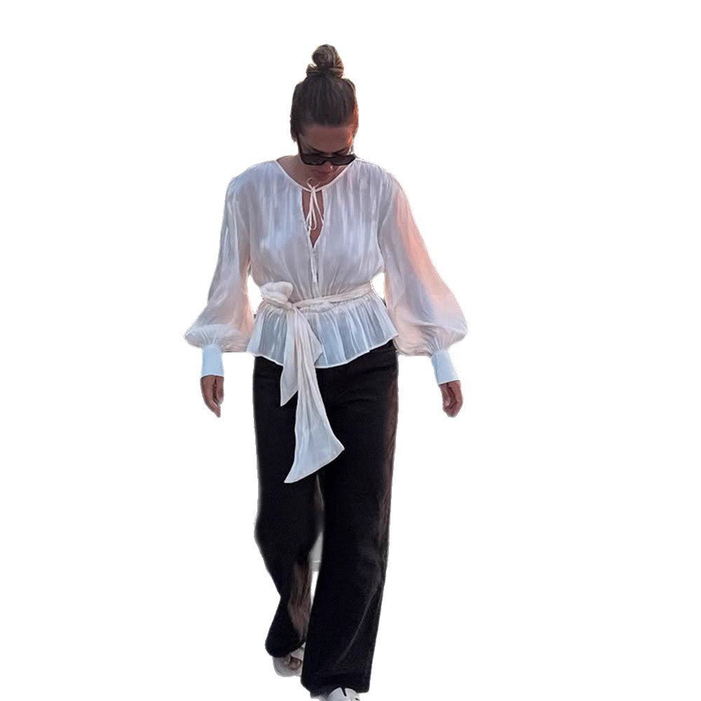 Women Elegant Wrap Blouse with Tie Belt and Voluminous Balloon Sleeves Chichicherry - Chichicherry