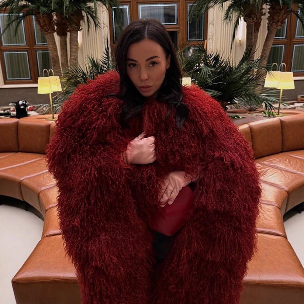 Women Extravagant Oversize Faux Fur Coat with Long Pile Curl Structure Chichicherry - Chichicherry
