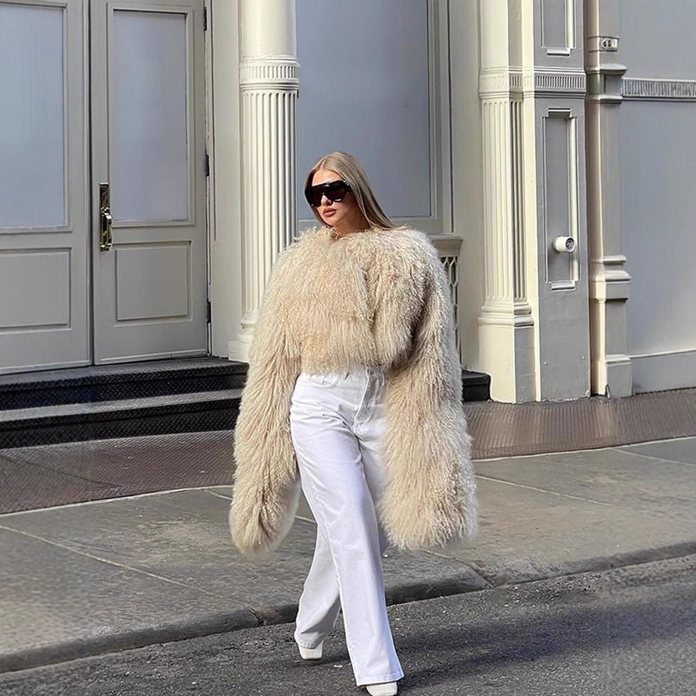 Women Extravagant Oversize Faux Fur Coat with Long Pile Curl Structure Chichicherry - Chichicherry