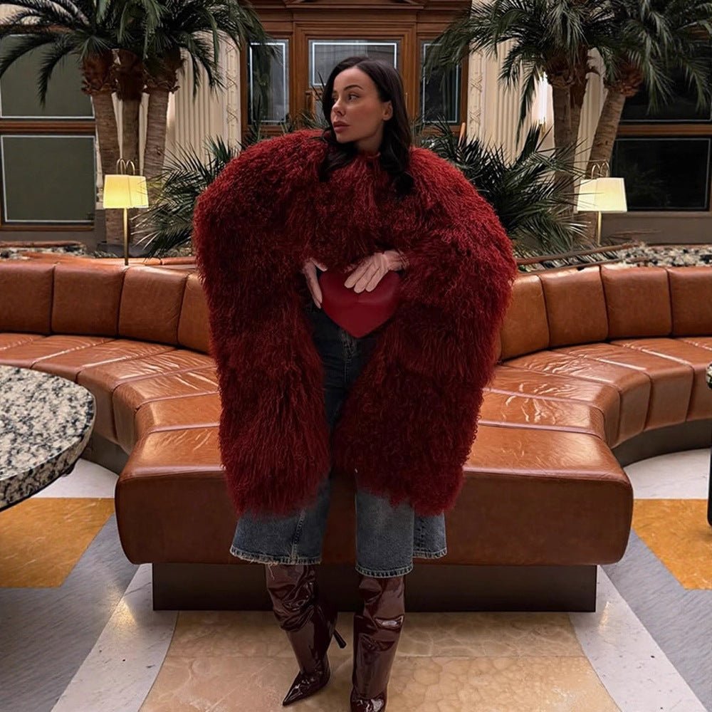 Women Extravagant Oversize Faux Fur Coat with Long Pile Curl Structure Chichicherry - Chichicherry