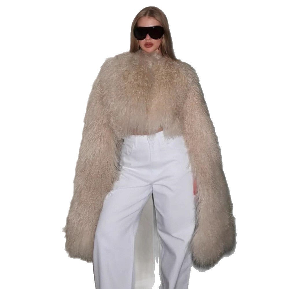 Women Extravagant Oversize Faux Fur Coat with Long Pile Curl Structure Chichicherry - Chichicherry