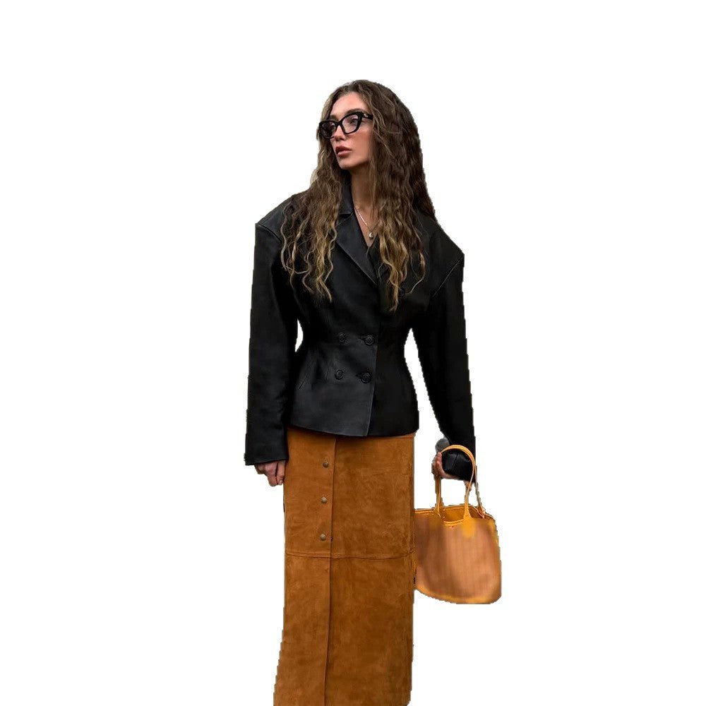 Women Fashionable Blazer-Bomber made of vegan leather imitation with double-breasted front Chichicherry - Chichicherry