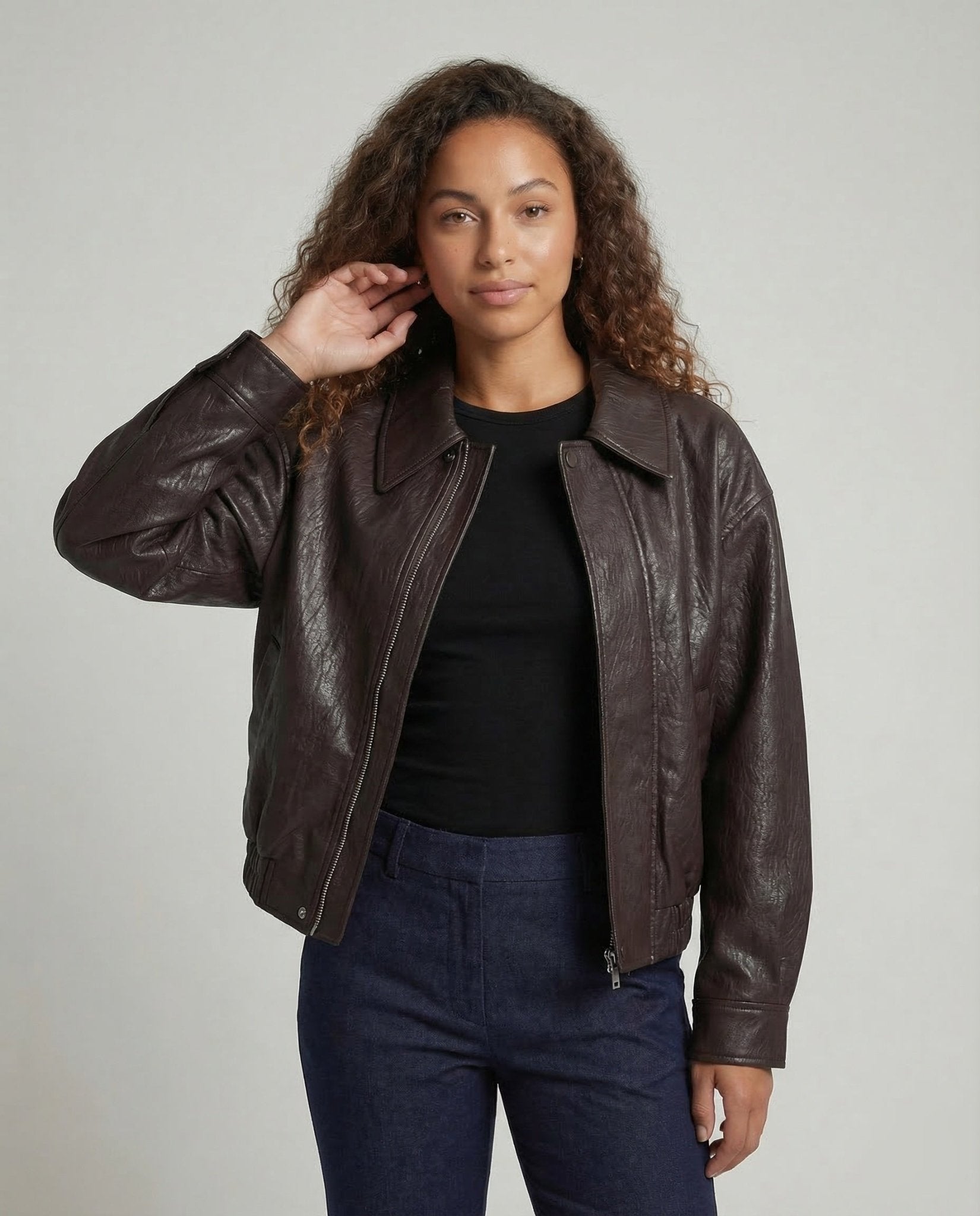 Women Faux Leather Jacket Lapel Wide - Chichicherry