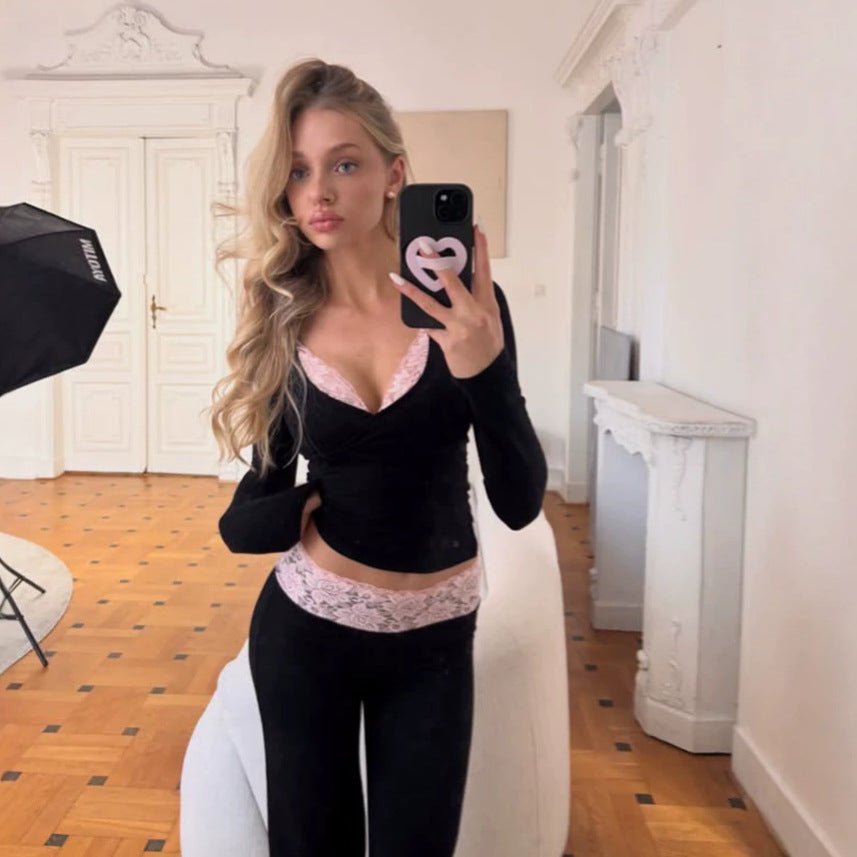 Women Figure-Hugging Lounge Set with Lace Detail, High-Waist Leggings & Crop Top Chichicherry - Chichicherry