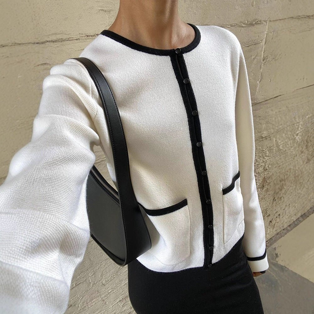 Women Fine Contrast Button Placket Cardigan with Piping and Applied Pockets Chichicherry - Chichicherry