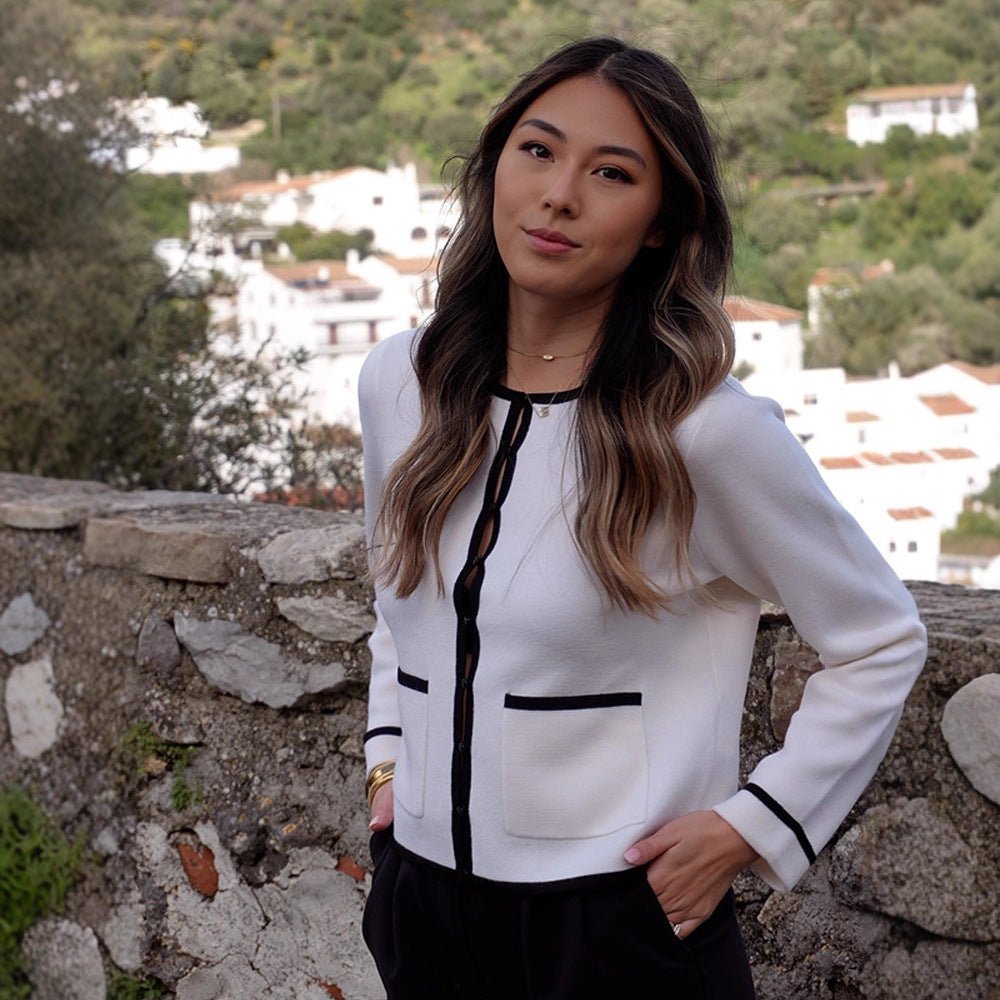Women Fine Contrast Button Placket Cardigan with Piping and Applied Pockets Chichicherry - Chichicherry