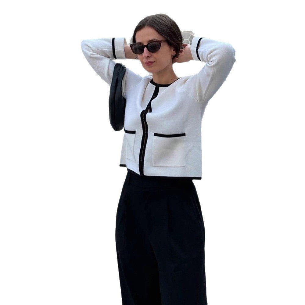 Women Fine Contrast Button Placket Cardigan with Piping and Applied Pockets Chichicherry - Chichicherry