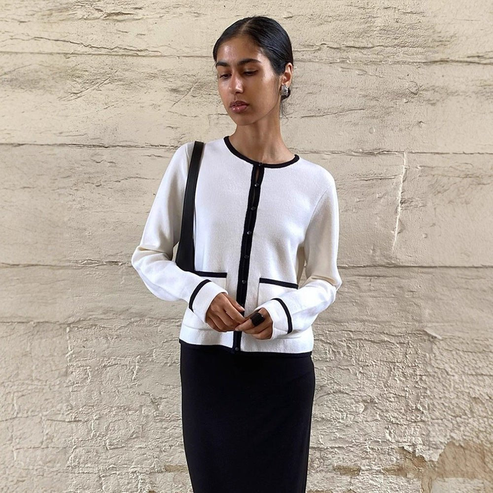 Women Fine Contrast Button Placket Cardigan with Piping and Applied Pockets Chichicherry - Chichicherry