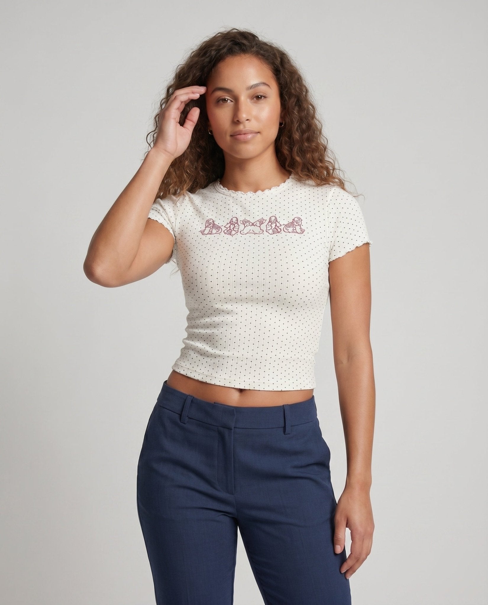 Women fitted crop top with playful polka dot pattern and unique lettering - Chichicherry