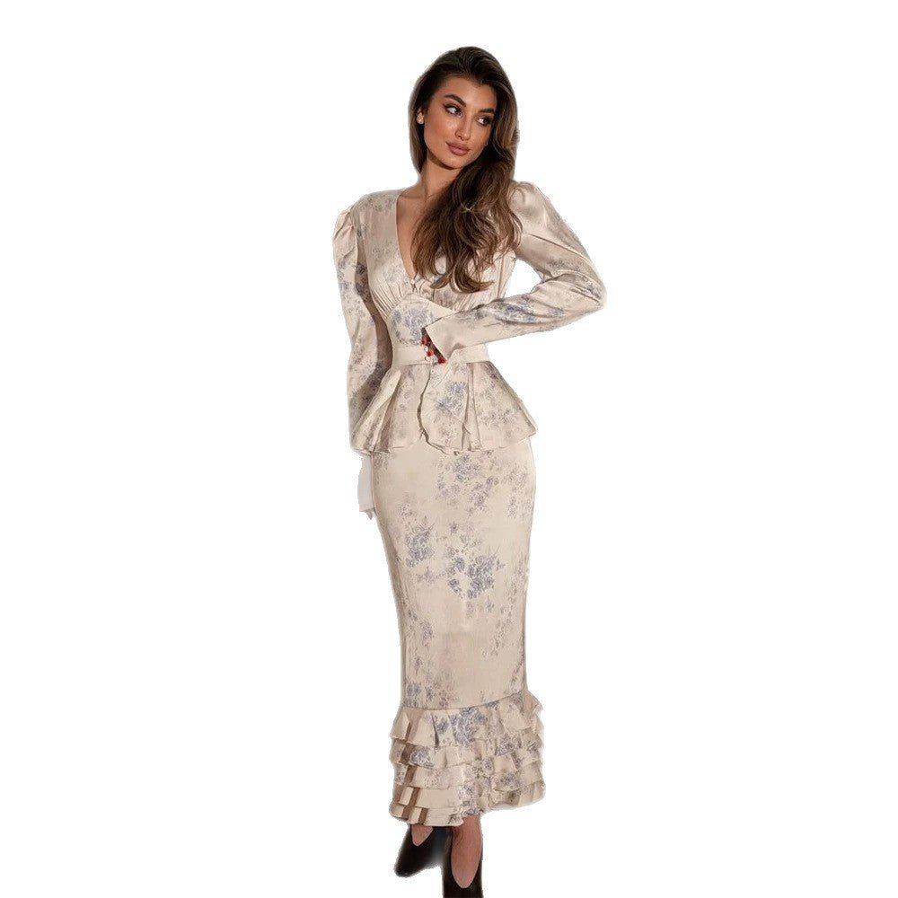 Women Fitted Midi Dress with Deep V-Neck, Peplum Waistband and Layered Ruffle Hem Chichicherry - Chichicherry