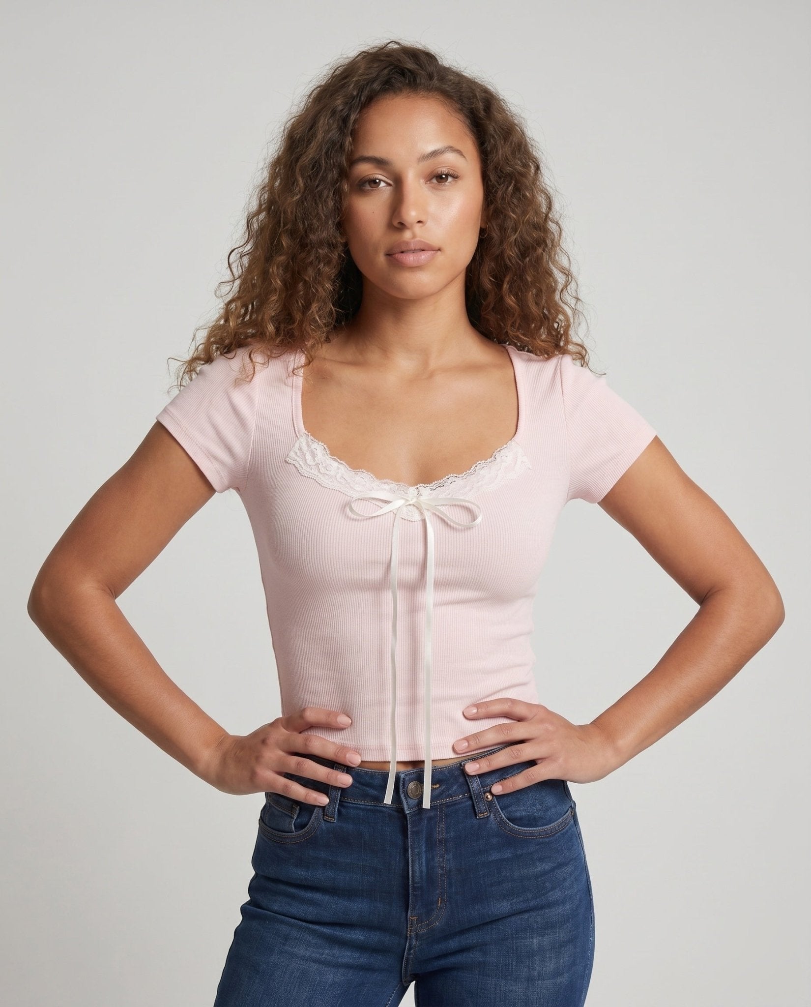 Women fitted short sleeve shirt with lace embellishment and decorative drawstring - Chichicherry