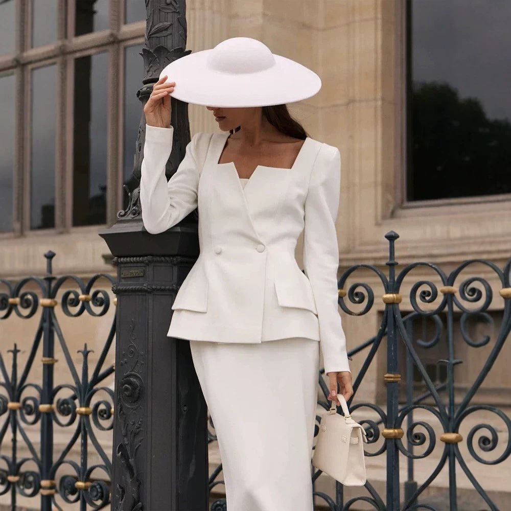 Women Fitted Suit Set with Distinct Angular Neckline and Peplum Chichicherry - Chichicherry