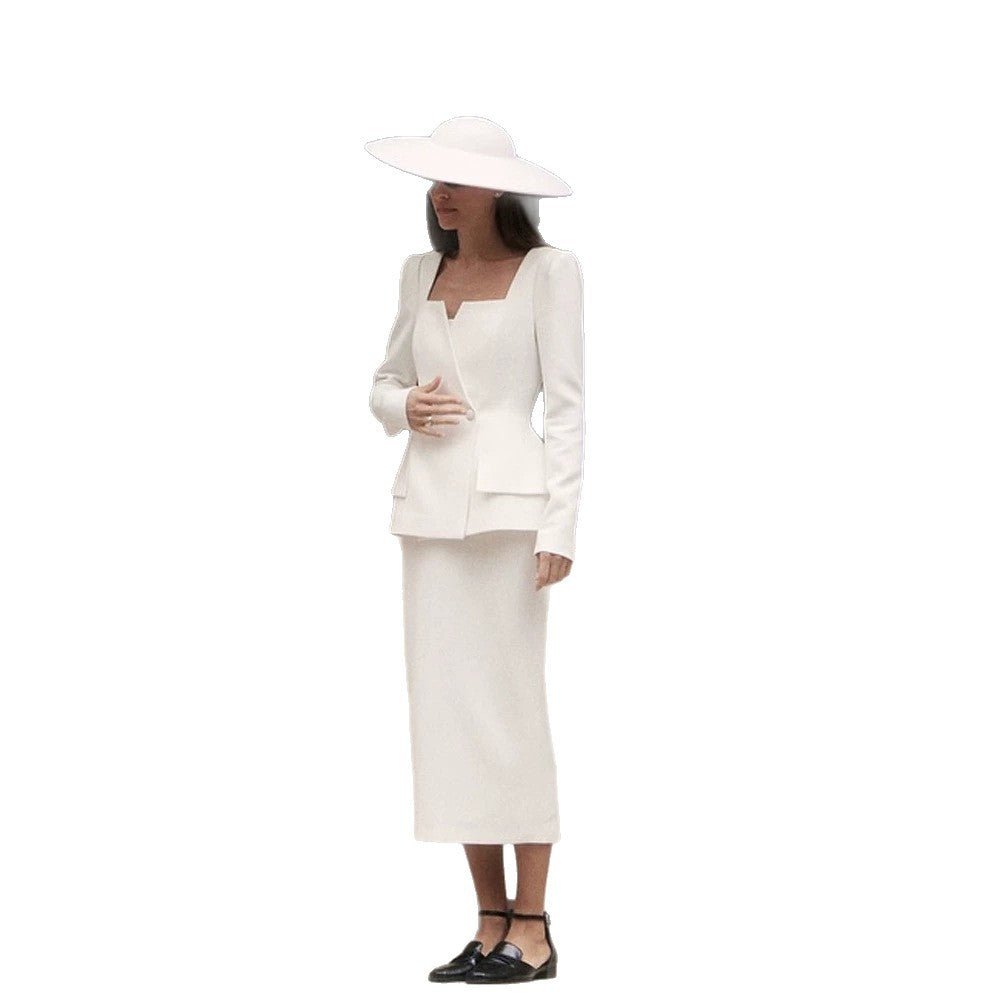 Women Fitted Suit Set with Distinct Angular Neckline and Peplum Chichicherry - Chichicherry