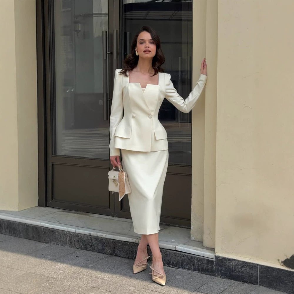 Women Fitted Suit Set with Distinct Angular Neckline and Peplum Chichicherry - Chichicherry