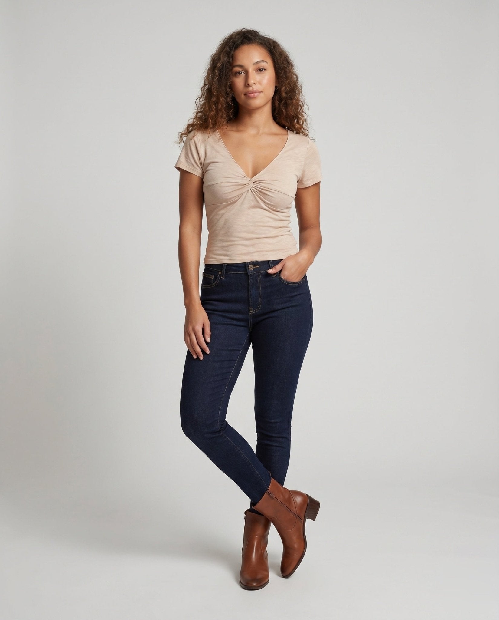 Women fitted V neck T shirt with wrap detail - Chichicherry
