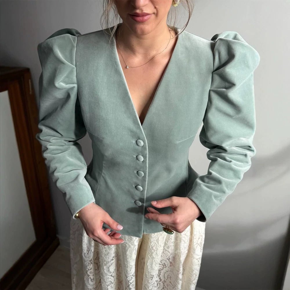 Women Fitted Velvet Blazer with Emphasized Waist, V-Neck and Voluminous Puff Sleeves Chichicherry - Chichicherry