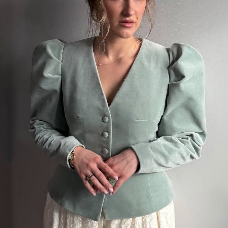 Women Fitted Velvet Blazer with Emphasized Waist, V-Neck and Voluminous Puff Sleeves Chichicherry - Chichicherry