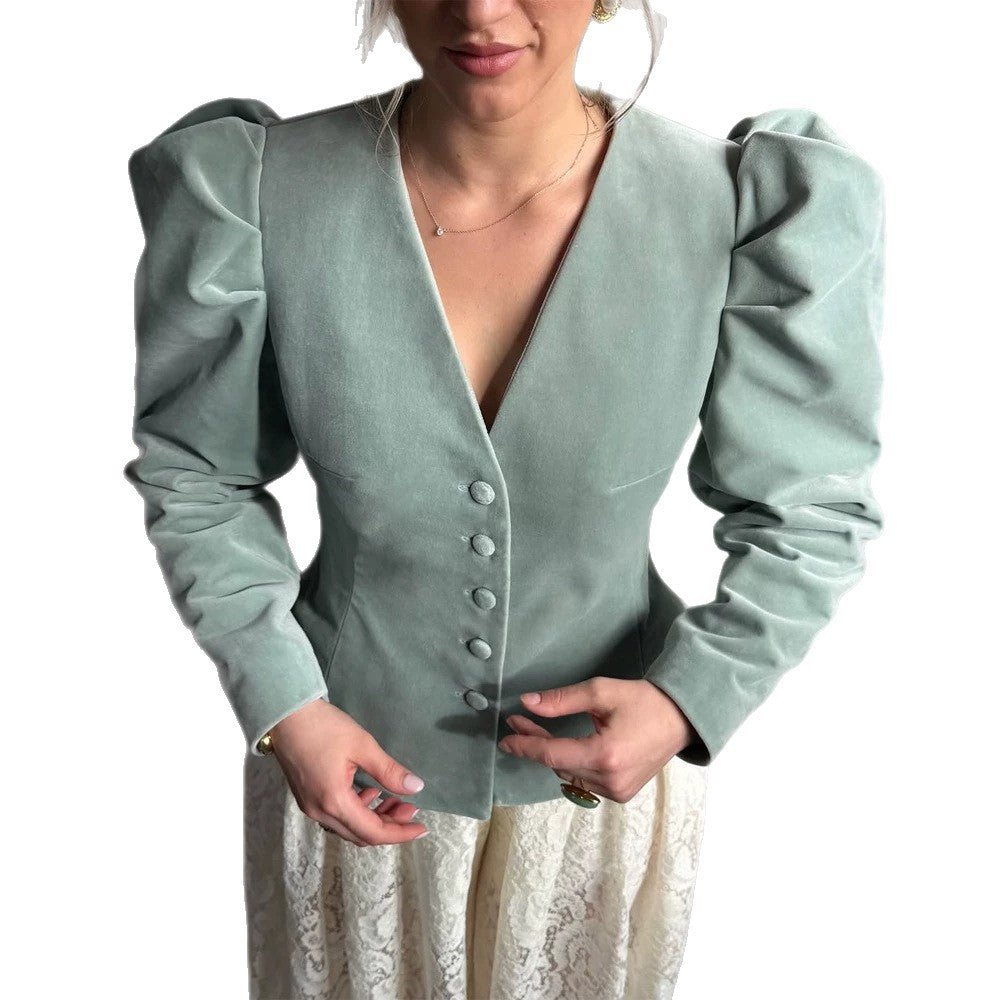 Women Fitted Velvet Blazer with Emphasized Waist, V-Neck and Voluminous Puff Sleeves Chichicherry - Chichicherry