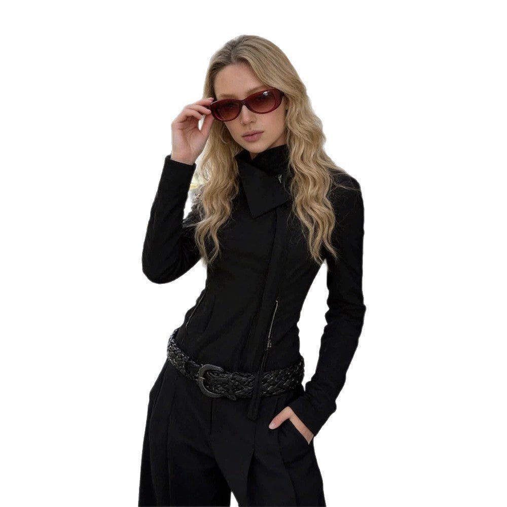 Women Fitted Zip Jacket with Asymmetrical Collar and Figure-Shaping Silhouette Chichicherry - Chichicherry