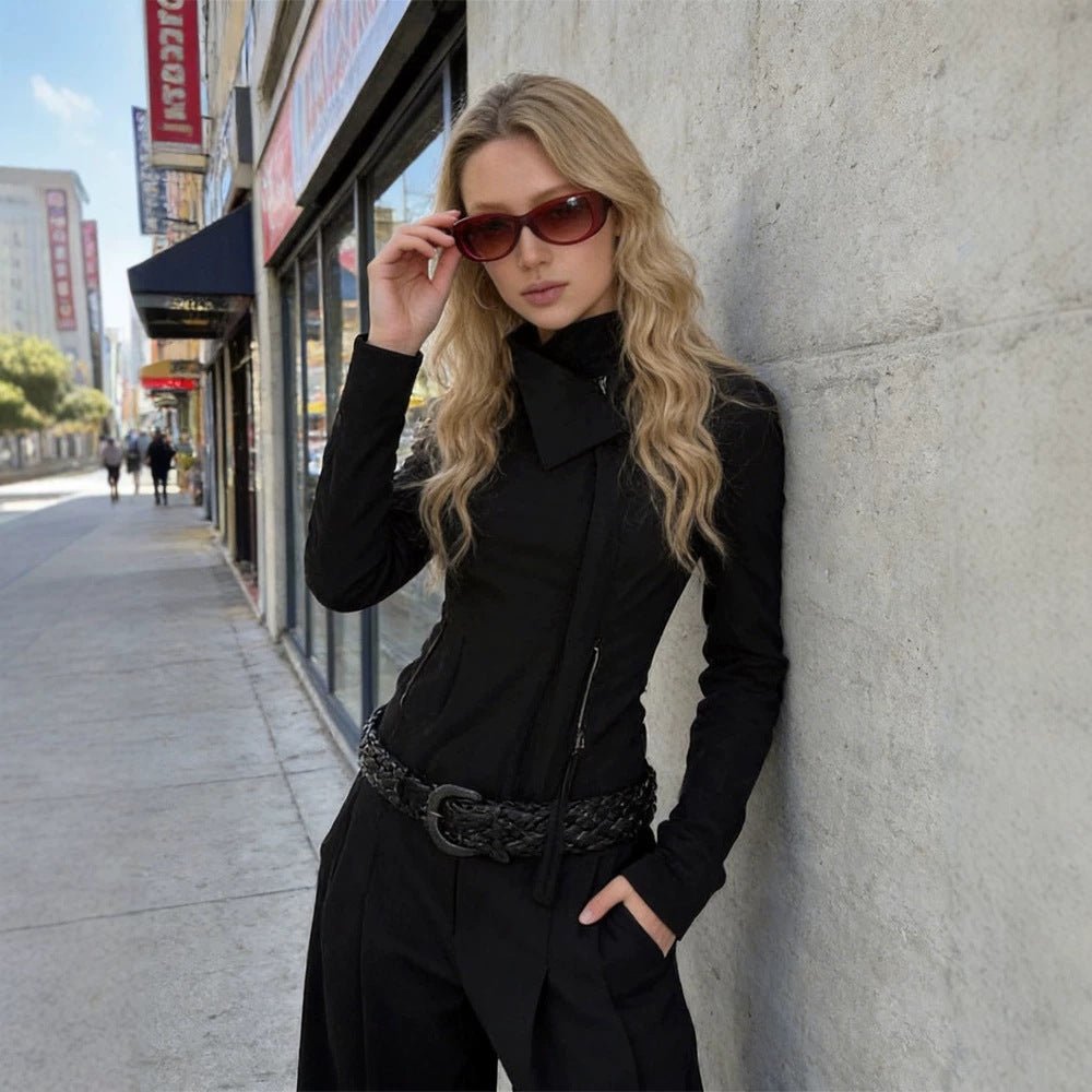 Women Fitted Zip Jacket with Asymmetrical Collar and Figure-Shaping Silhouette Chichicherry - Chichicherry