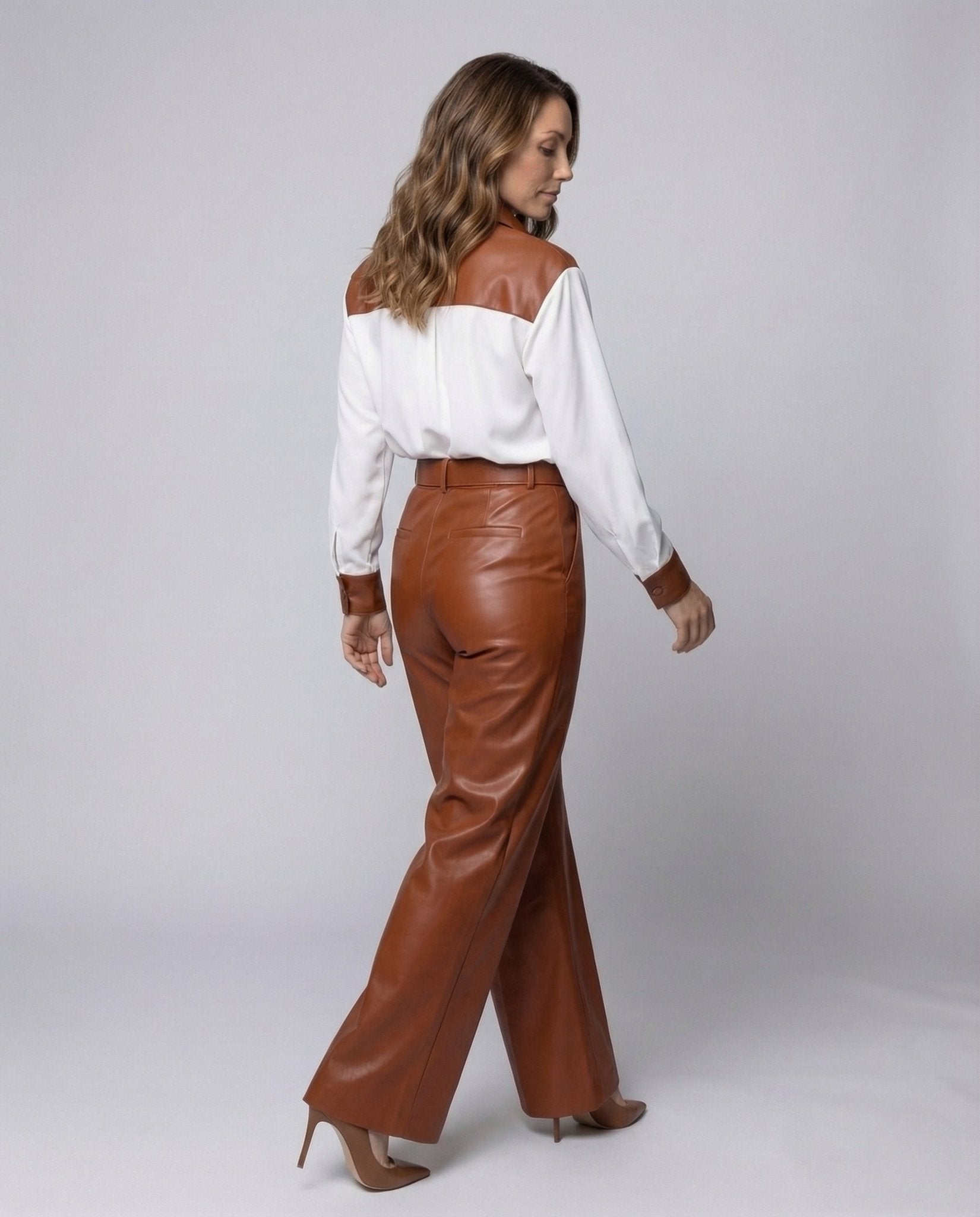 Women Flared Trousers Faux Leather High Waist Belt - Chichicherry