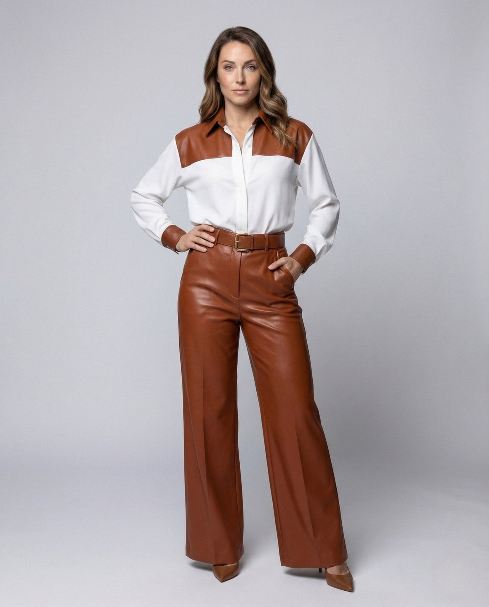 Women Flared Trousers Faux Leather High Waist Belt - Chichicherry