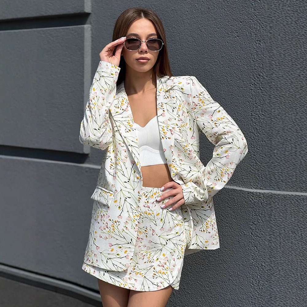 Women Floral Blazer and Mini Skirt Set made of textured Cotton Blend Chichicherry - Chichicherry
