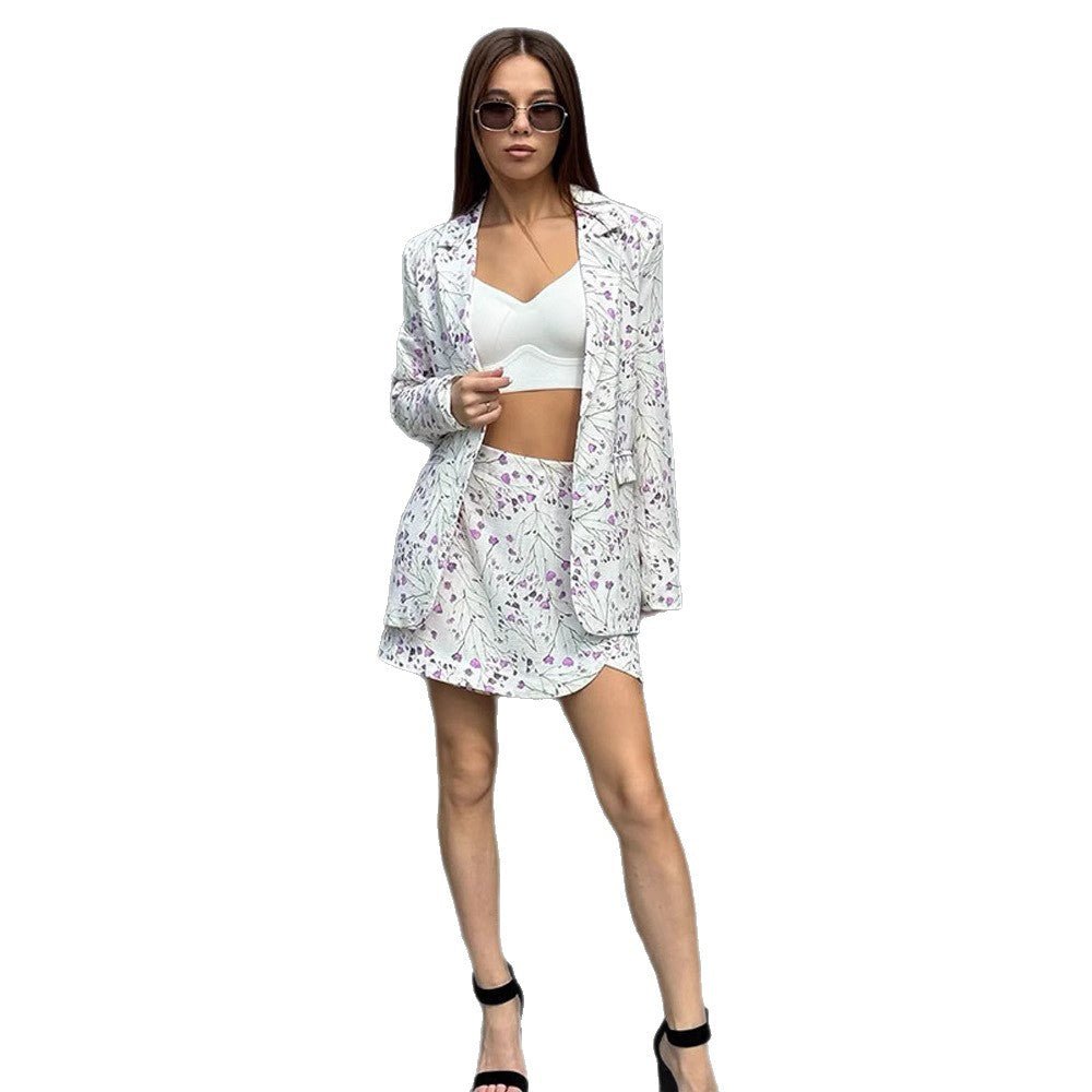 Women Floral Blazer and Mini Skirt Set made of textured Cotton Blend Chichicherry - Chichicherry