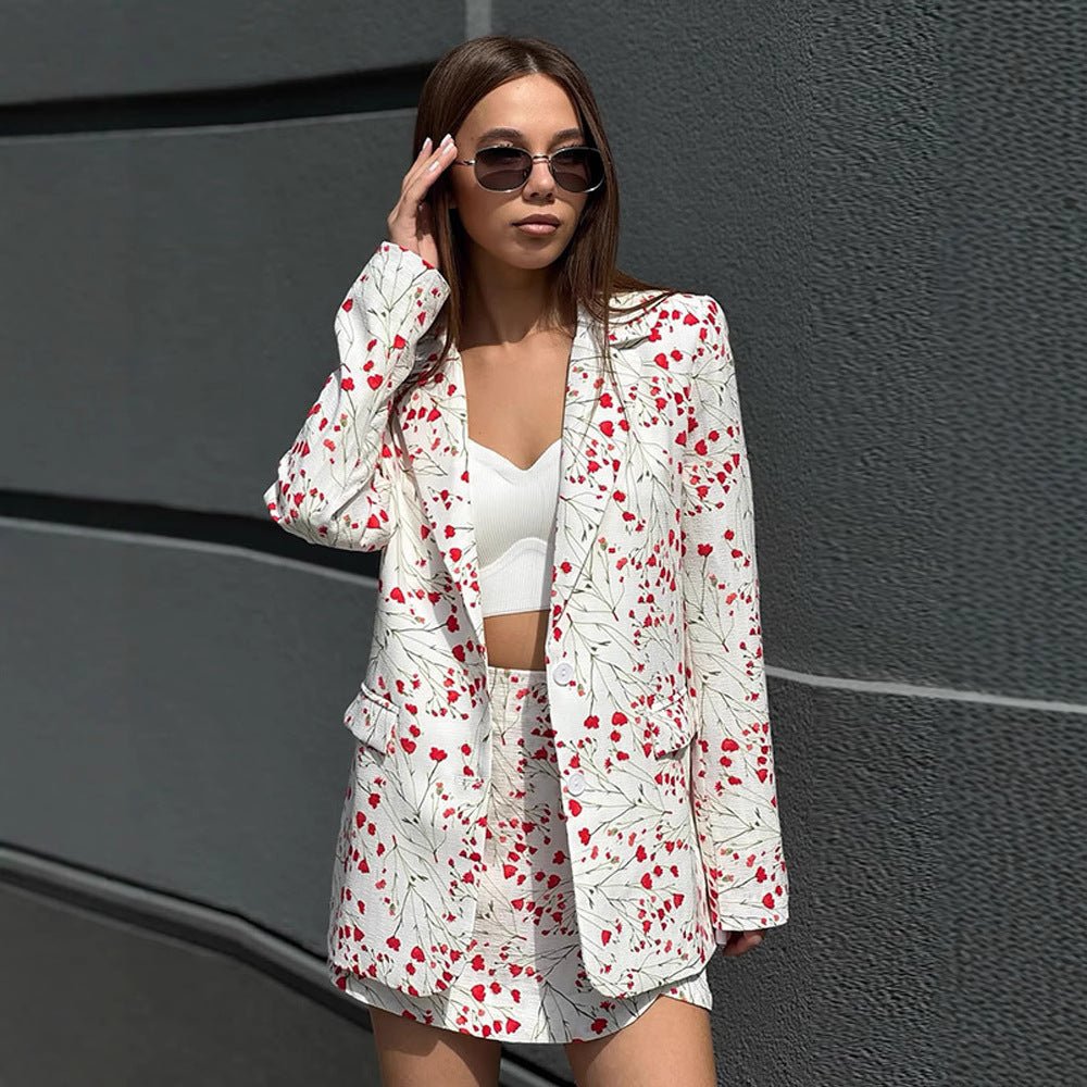Women Floral Blazer and Mini Skirt Set made of textured Cotton Blend Chichicherry - Chichicherry